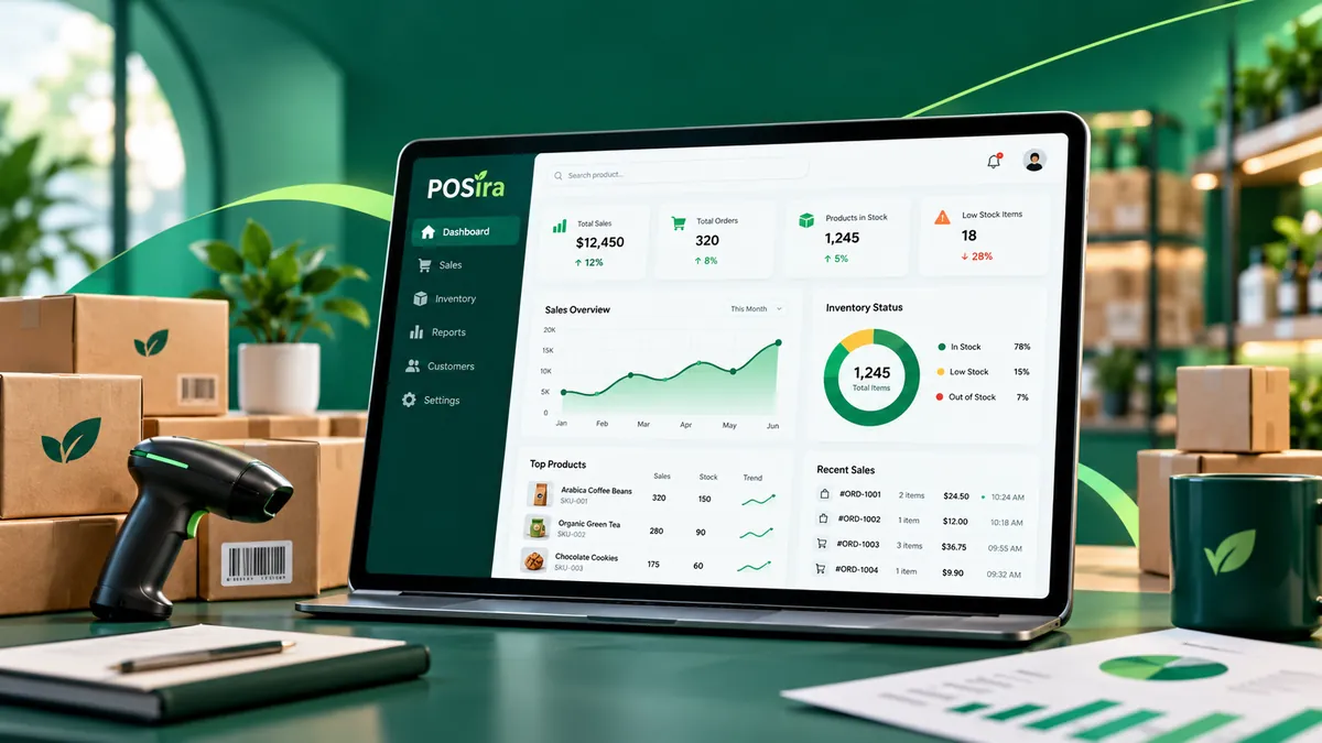 Ilustrasi dashboard stok, laporan, dan analisis usaha POSira