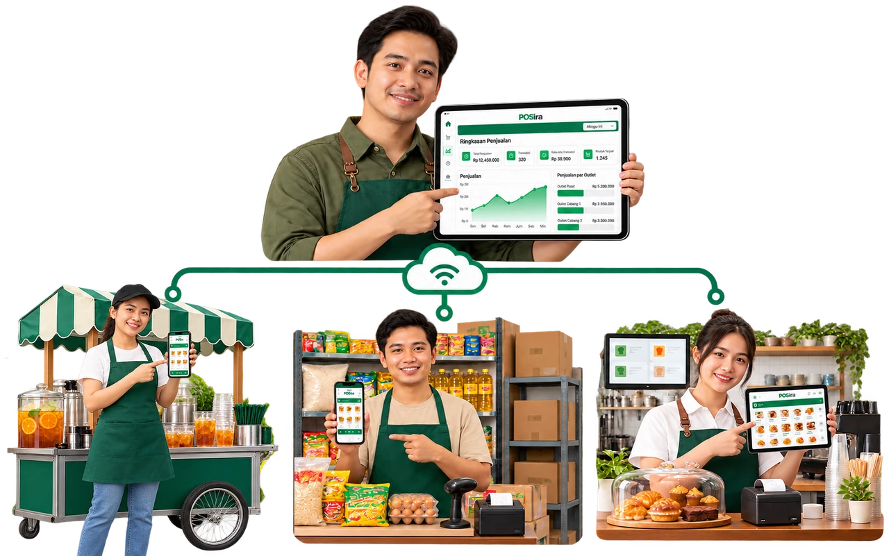 Ilustrasi pemilik usaha memantau tablet yang terhubung dengan kasir minuman, toko kelontong, dan kafe.