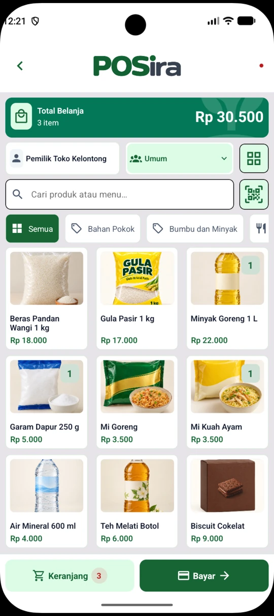 Tampilan asli POSira di HP Android dengan katalog produk toko kelontong.