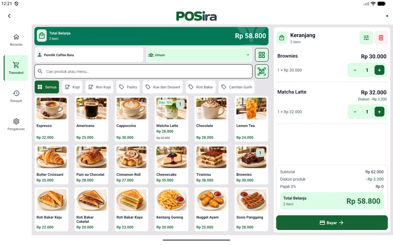 Tampilan asli POSira di tablet: katalog kopi, keranjang belanja, dan tombol pembayaran.